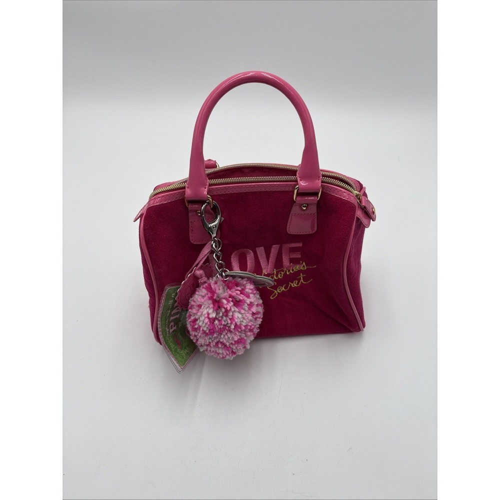 Y2K Victoria Secret‎ Pink Love Purse Handle Pom Pom Key Chain Tags Velvet